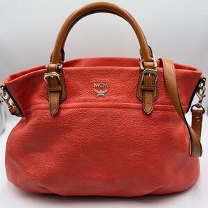 MCM Large Orange Embossed Leather Satchel two-way carry